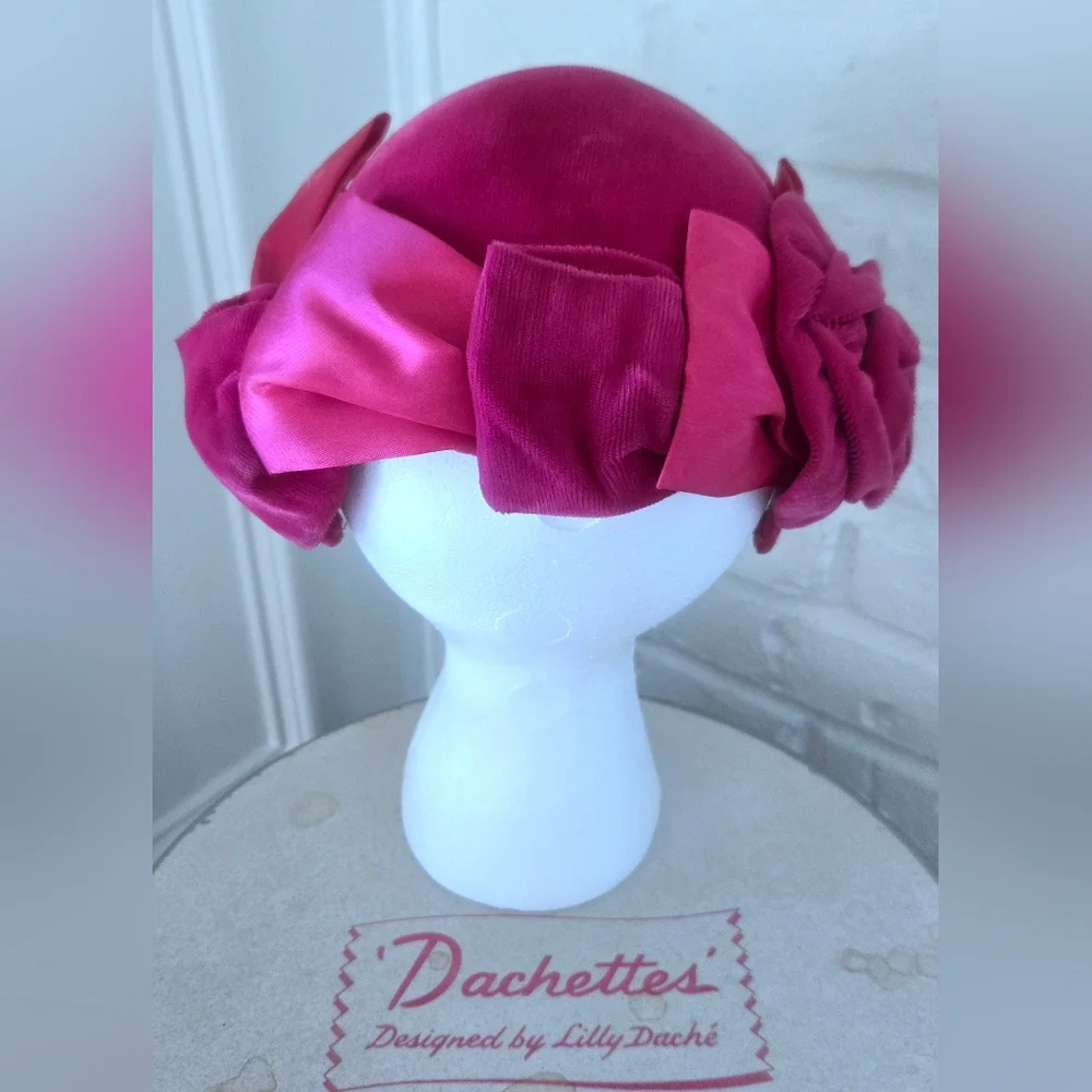 Vtg 1950s Lilly Daché Floral Calot Hat, Ribbon, Velvet, S/7 - Picture 3 of 15